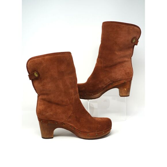 Ugg Lynnea Suede and Shearling Wooden Sole Clog Boots Red Wood Color - Picture 3 of 9